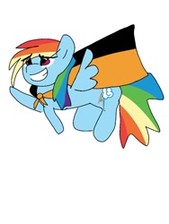 Size: 768x1024 | Tagged: safe, imported from derpibooru, rainbow dash, pegasus, pony, cape, clothes, flying, op is a duck, op is a pinecone, op is trying to start shit, solo, superstraight