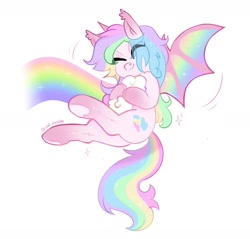 Size: 1600x1531 | Tagged: safe, artist:catrivaille, imported from derpibooru, oc, oc only, pegasus, pony, bat wings, cute, eyes closed, rainbow, solo, wings