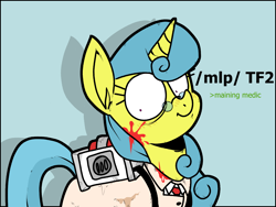 Size: 1600x1200 | Tagged: safe, artist:anonymous, imported from derpibooru, lemon hearts, pony, unicorn, /mlp/, /mlp/ tf2 general, 4chan, blood, clothes, female, glasses, lab coat, mare, medic, necktie, shrunken pupils, simple background, smiling, solo, team fortress 2