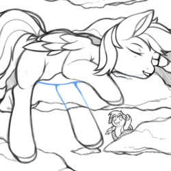 Size: 1200x1200 | Tagged: safe, artist:sugarelement, imported from derpibooru, derpy hooves, rainbow dash, pony, cloud, female, giantess, macro, on a cloud, sleeping, sleeping on a cloud, solo, wip