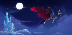 Size: 4842x2400 | Tagged: safe, artist:ani2ad, imported from derpibooru, oc, oc only, pegasus, castle, moon, night, pegasus oc, wings
