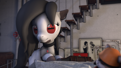 Size: 1920x1080 | Tagged: safe, artist:arrell, imported from derpibooru, oc, oc only, oc:madam matilda, earth pony, pony, 3d, bed, book, choker, female, goat eyes, horizontal pupils, looking at you, mare, offscreen character, plushie, pov, smiling, smiling at you, solo, teddy bear