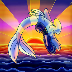 Size: 1280x1280 | Tagged: safe, artist:jane-ander, artist:janeander, imported from derpibooru, oc, oc only, merpony, seapony (g4), blue mane, commission, digital art, eyes closed, female, fins, fish tail, flowing mane, flowing tail, ocean, sky, smiling, solo, sun, sunlight, sunset, tail, water, ych result