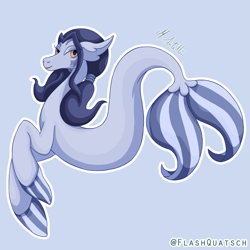 Size: 825x825 | Tagged: safe, artist:flashquatsch, imported from derpibooru, oc, oc only, hippocampus, merpony, seapony (g4), blue background, blue mane, female, fins, fish tail, flowing tail, lidded eyes, lipstick, looking at you, orange eyes, signature, simple background, smiling, solo, tail