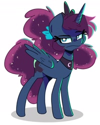 Size: 1947x2440 | Tagged: safe, artist:kindakismet, imported from derpibooru, princess luna, alicorn, pony, luna-afterdark, alternate hairstyle, female, horn, jewelry, looking at you, mare, regalia, simple background, solo, unamused, white background, wings