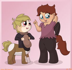 Size: 1586x1536 | Tagged: safe, artist:colorcodetheartist, imported from derpibooru, oc, oc:batibat, oc:pippin cheer, centaur, satyr, taur, crossover ship offspring, duo, hat, interspecies offspring, magical gay spawn, newsboy hat, offspring, parent:cozy glow, parent:damien thorn, parent:pip pirrup, parent:pipsqueak