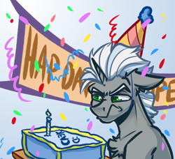 Size: 4000x3650 | Tagged: safe, artist:witchtaunter, imported from derpibooru, oc, oc only, oc:scope, pony, unicorn, birthday, candle, chest fluff, confetti, ear fluff, floppy ears, gift art, happy birthday, hat, party hat, scowl, solo