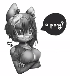 Size: 2788x3087 | Tagged: safe, artist:awr-hey, imported from derpibooru, oc, oc only, anthro, earth pony, arm under breasts, big breasts, breasts, bust, clothes, crossed arms, earth pony oc, eye clipping through hair, female, grayscale, high res, monochrome, simple background, smiling, solo, talking, white background