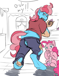 Size: 800x1029 | Tagged: safe, artist:acesential, artist:tf-sential, imported from ponybooru, cup cake, pinkie pie, earth pony, chiffon swirl, clothes, human to pony, ripped pants, ripping clothes, species swap, transformation