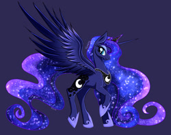 Size: 2590x2048 | Tagged: safe, artist:rainblueart, imported from derpibooru, princess luna, alicorn, pony, ethereal mane, female, galaxy mane, high res, mare, profile, purple background, simple background, solo, spread wings, starry mane, wings