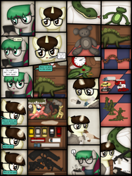 Size: 1750x2333 | Tagged: safe, artist:99999999000, imported from derpibooru, oc, oc only, oc:cwe, oc:li anna, dinosaur, elephant, frog, giraffe, pegasus, pony, comic:visit, animal, army men, car, clothes, comic, doll, female, glasses, gun, handgun, male, music box, pistol, toy, toy car, toy gun, weapon