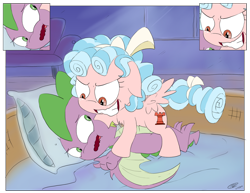 Size: 1024x792 | Tagged: safe, artist:loreto-arts, imported from ponybooru, cozy glow, spike, dragon, pegasus, pony, bed, bow, cozyspike, crazy face, faic, female, female on male, filly, freckles, hair bow, hug, lying down, male, pillow, shipping, squishy cheeks, straight, unsure