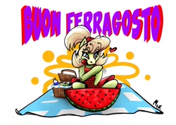 Size: 1199x848 | Tagged: safe, artist:mekblue, imported from ponybooru, oc, oc:milli, ferragosto, food, italian, mascot, watermelon