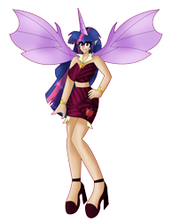 Size: 4113x5313 | Tagged: safe, artist:dazzlingmimi, artist:eeveeglaceon, imported from derpibooru, twilight sparkle, human, vampire, alicorn humanization, bracelet, clothes, fangs, female, high heels, horn, horned humanization, humanized, jewelry, midriff, shoes, simple background, skirt, solo, transparent background, winged humanization, wings