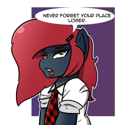 Size: 1067x1146 | Tagged: safe, artist:n-o-n, imported from derpibooru, oc, oc only, oc:jessi-ka, earth pony, pony, bully, bullying, clothes, dialogue, female, lidded eyes, looking at you, necktie, open mouth, school uniform, schoolgirl, solo, speech bubble, talking to viewer