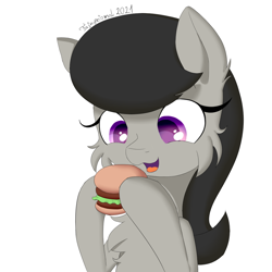 Size: 1080x1080 | Tagged: safe, artist:fajnyziomal, imported from derpibooru, octavia melody, earth pony, pony, borgarposting, burger, cheek fluff, chest fluff, food, simple background, solo, veggie burger, white background