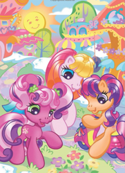 Size: 525x724 | Tagged: safe, artist:lyn fletcher, imported from derpibooru, cheerilee (g3), scootaloo, scootaloo (g3), toola roola, flower, g3, g3.5, looking down, motorcycle, ponyville (g3), smiling sun, the greenest day