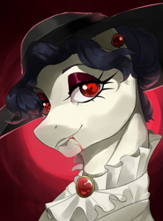 Size: 509x686 | Tagged: safe, artist:cadillac-dynamite, artist:cadillacdynamite, imported from derpibooru, oc, oc only, oc:lady rubra, earth pony, pony, vampire, equestria at war mod, blood, bust, clothes, dread league, ear piercing, earring, eyelashes, eyeshadow, fangs, female, hat, jewelry, lady dimitrescu, looking at you, makeup, mare, piercing, ponified, portrait, red eyes, sun hat