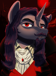 Size: 1560x2100 | Tagged: safe, imported from derpibooru, oc, oc only, oc:count dominus, pony, unicorn, vampire, equestria at war mod, beard, blood moon, bust, castlevania, castlevania: symphony of the night, clothes, detailed, detailed background, dracula, dread league, eyebrows, facial hair, fangs, horn, male, mane, moon, ponified, portrait, red eyes, red sky, vlad tepes, what is a man