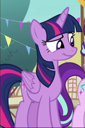 Size: 481x722 | Tagged: safe, imported from derpibooru, screencap, twilight sparkle, alicorn, pony, triple threat, cropped, cute, female, mare, offscreen character, raised eyebrow, smiling, smirk, smug, smuglight sparkle, solo, twiabetes, twilight sparkle (alicorn)