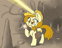 Size: 3300x2550 | Tagged: safe, artist:leadhooves, imported from derpibooru, oc, oc only, oc:golden star, earth pony, pony, bag, cave, cavern, commission, earth pony oc, female, gem, happy, hard hat, hat, high res, hoof hold, jewel, mare, raised hoof, saddle bag, shiny, smiling, solo