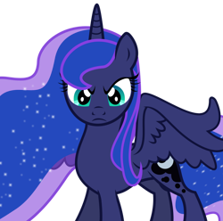 Size: 898x890 | Tagged: dead source, safe, artist:theshadowstone, imported from derpibooru, princess luna, alicorn, pony, angry, blue, cyan eyes, death stare, ethereal mane, ethereal tail, frown, horn, looking at you, missing accessory, serious, serious face, show accurate, simple background, sparkles, spread wings, staring at you, staring into your soul, transparent background, wings