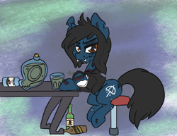 Size: 3300x2550 | Tagged: safe, artist:leadhooves, imported from derpibooru, earth pony, pony, undead, zombie, zombie pony, alcohol, angry, bags under eyes, beer bottle, bone, bottle, bring me the horizon, clothes, commission, fangs, glasgow smile, glass, high res, long sleeves, looking at you, male, oliver sykes, ponified, scar, shirt, sitting, solo, stallion, stitches, stool, table, tattoo