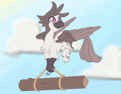 Size: 3300x2550 | Tagged: safe, artist:leadhooves, imported from derpibooru, oc, oc only, oc:glade, griffon, beak, carrying, chest fluff, claws, cloud, colored pupils, commission, cute, fluffy, flying, happy, high res, log, looking up, male, paw pads, paws, rope, sky, smiling, solo, spread wings, wings