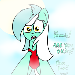 Size: 2000x2000 | Tagged: safe, artist:dafiltafish, imported from derpibooru, lyra heartstrings, pony, unicorn, comic:day by day, clothes, dialogue, female, high res, implied bon bon, looking at you, mare, offscreen character, one-piece swimsuit, pov, red swimsuit, scared, solo, sun, swimsuit