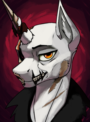 Size: 509x686 | Tagged: safe, artist:neither, artist:neitherman83, imported from derpibooru, oc, oc only, oc:corpus maledictus, lich, pony, undead, unicorn, zombie, equestria at war mod, bust, clothes, dread league, ear fluff, male, one eyed, portrait, rotting, rotting flesh, skull, solo