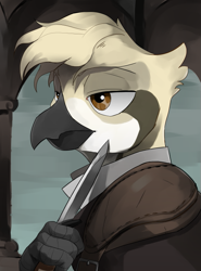 Size: 509x686 | Tagged: safe, artist:cadillac-dynamite, artist:cadillacdynamite, imported from derpibooru, oc, oc only, oc:alaric dawnbreaker, griffon, equestria at war mod, brown eyes, bust, griffon oc, knife, leather armor, mercenary, portrait, royalty