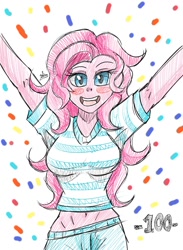 Size: 1100x1500 | Tagged: safe, artist:zachc, imported from derpibooru, pinkie pie, equestria girls, arms in the air, belly button, breasts, busty pinkie pie, clothes, confetti, looking at you, open mouth, smiling, solo, volumetric mouth