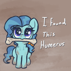 Size: 1310x1310 | Tagged: safe, artist:t72b, imported from derpibooru, petunia paleo, earth pony, pony, behaving like a dog, bone, female, filly, humerus, looking up, mouth hold, pun, sitting, solo, visual pun