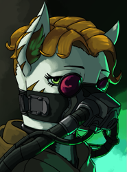 Size: 509x686 | Tagged: safe, artist:neither, artist:neitherman83, imported from derpibooru, oc, oc only, earth pony, pony, equestria at war mod, breathing mask, bust, clothes, ear fluff, eye contact, eyelashes, female, glasses, green eyes, hood, looking at each other, looking at you, mane, mare, markings, orange mane, portrait, robe, robes