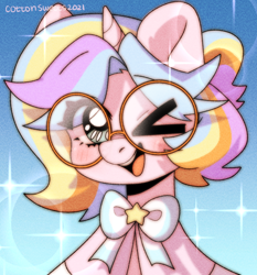 Size: 1000x1075 | Tagged: safe, artist:cottonsweets, imported from derpibooru, oc, oc only, oc:oofy colorful, pony, unicorn, bow, cute, female, glasses, one eye closed, solo, sparkles, wink