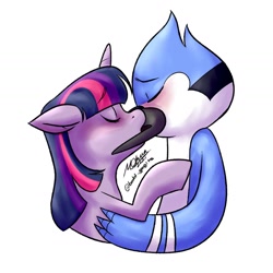 Size: 1440x1440 | Tagged: safe, artist:baldgagits, imported from derpibooru, twilight sparkle, anthro, bird, blue jay, pony, unicorn, aeroplanes and meteor showers, airplanes (song), crossover, crossover shipping, crying, female, jay, male, mare, meme, mordecai, mordetwi, redraw mordetwi meme, regular show, shipping, simple background, song reference, straight