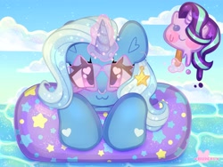 Size: 4000x3000 | Tagged: safe, artist:bunxl, imported from derpibooru, starlight glimmer, trixie, pony, unicorn, :3, cute, diatrixes, ear piercing, earring, eyelashes, food, ice cream, inner tube, jewelry, levitation, looking at you, magic, ocean, piercing, popsicle, smiling, solo, sunglasses, telekinesis