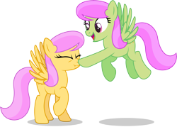 Size: 6775x4844 | Tagged: safe, artist:thatusualguy06, imported from derpibooru, merry may, sunny rays, pegasus, pony, .ai available, absurd resolution, background pony, boop, duo, duo female, eyes closed, female, flying, mare, nose wrinkle, open mouth, open smile, raised hoof, scrunchy face, show accurate, siblings, simple background, sisters, smiling, spread wings, transparent background, vector, wings