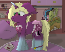 Size: 2500x2000 | Tagged: safe, artist:spiroudada, imported from derpibooru, part of a set, oc, oc only, oc:velvet sky, pony, unicorn, series:velvet wardrobe reboot, anklet, blushing, bra, clothes, crossdressing, dressing, flower, frilly underwear, high res, jewelry, letter, male, naughty, part of a series, solo, stallion, story included, underwear