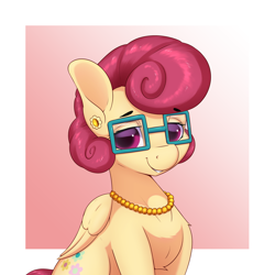 Size: 3200x3200 | Tagged: safe, artist:aquaticvibes, imported from derpibooru, posey shy, pegasus, pony, ear piercing, earring, female, glasses, high res, jewelry, mare, necklace, pearl necklace, piercing, smiling, solo