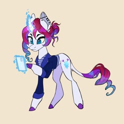 Size: 1947x1948 | Tagged: safe, artist:_psiionix_, imported from derpibooru, rarity, pony, unicorn, cellphone, clothes, leonine tail, phone, redesign, simple background, smartphone, solo, yellow background