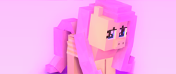 Size: 3440x1440 | Tagged: safe, imported from derpibooru, fluttershy, pegasus, pony, female, mare, mine-imator, minecraft, pink background, shy, simple background, solo