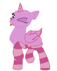 Size: 453x562 | Tagged: safe, artist:aonairfaol, imported from derpibooru, oc, oc only, alicorn, pony, :p, alicorn oc, bald, base, chest fluff, clothes, eyelashes, horn, one eye closed, simple background, socks, solo, striped socks, tongue out, white background, wings, wink