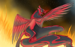 Size: 1132x706 | Tagged: safe, artist:penrosa, imported from derpibooru, oc, oc only, alicorn, pony, alicorn oc, evil grin, fire, glowing horn, grin, horn, smiling, solo, wings