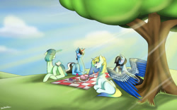 Size: 1132x706 | Tagged: safe, artist:penrosa, imported from derpibooru, oc, oc only, pegasus, pony, unicorn, cake, cloud, crepuscular rays, food, horn, outdoors, pegasus oc, picnic, picnic blanket, signature, tree, two toned wings, unicorn oc, wings