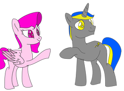 Size: 2400x1770 | Tagged: safe, artist:dianamur, artist:goldlines005, artist:starshade, imported from derpibooru, oc, oc only, pegasus, pony, unicorn, 1000 hours in ms paint, base used, duo, eyelashes, female, horn, looking back, male, mare, pegasus oc, simple background, stallion, transparent background, unicorn oc, wings