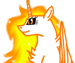 Size: 1200x1000 | Tagged: safe, artist:goldlines005, imported from derpibooru, daybreaker, alicorn, pony, eyelashes, horn, mane of fire, missing accessory, simple background, smiling, solo, white background, wings