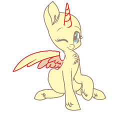 Size: 492x468 | Tagged: safe, artist:aonairfaol, imported from derpibooru, oc, oc only, alicorn, pony, alicorn oc, bald, base, base used, chest fluff, eyelashes, female, horn, mare, one eye closed, one wing out, simple background, solo, unshorn fetlocks, white background, wings, wink