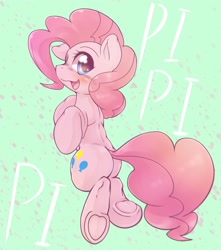 Size: 1810x2048 | Tagged: safe, artist:kurogewapony, imported from derpibooru, pinkie pie, earth pony, pony, balloonbutt, blushing, butt, cute, diapinkes, female, floating, frog (hoof), green background, happy, looking at you, looking back, looking back at you, mare, open mouth, open smile, plot, simple background, smiling, smiling at you, solo, text, underhoof