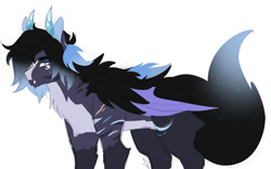 Size: 1280x801 | Tagged: safe, artist:void-sommar, imported from derpibooru, oc, oc only, hybrid, draconequus hybrid, fangs, fluffy, horns, interspecies offspring, male, offspring, parent:discord, parent:princess luna, parents:lunacord, simple background, solo, white background